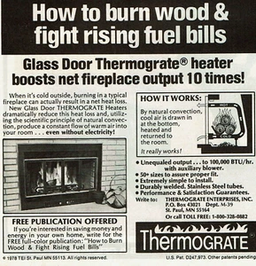 Vintage Druckanzeige 1979 Glastür Thermograte Heizung verstärkt Kamin 10 mal - Bild 1 von 2