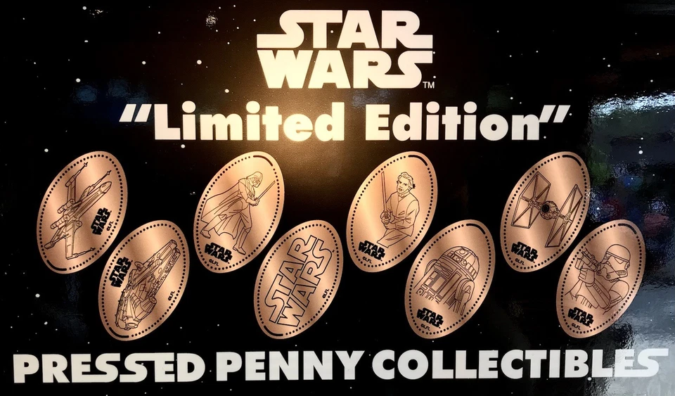 Disney World Smashed Pressed Enlongated Penny Set 8 Star Wars Logo R2 D2 Luke - Image 1 of 1