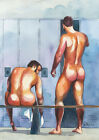 PRINT Original Art Work Watercolor Painting Gay Male Nude "In the locker room 6"