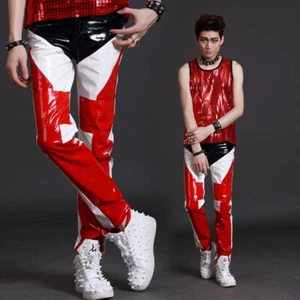 Men'S Color Stitching Nightclub Punk Pants Faux Leather Glossy Biker Trousers - Picture 1 of 17