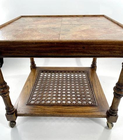Vintage Mid Century Modern Oak 2-Tier Tile Top Cane Accent Side Table Rattan Cover