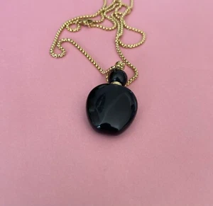 Black Obsidian Gemstone Perfume Bottle Essential Oil Necklace Pendant Gold Chain - Picture 1 of 5