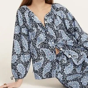 Blusa J Crew Collection Ratti Paisley bottoni davanti cravatta manica blu taglia media - Foto 1 di 15