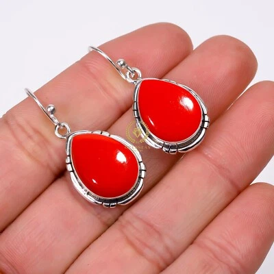 Red Coral Gemstone Handmade 925 Sterling Silver Stud Earring - Image 1 of 4