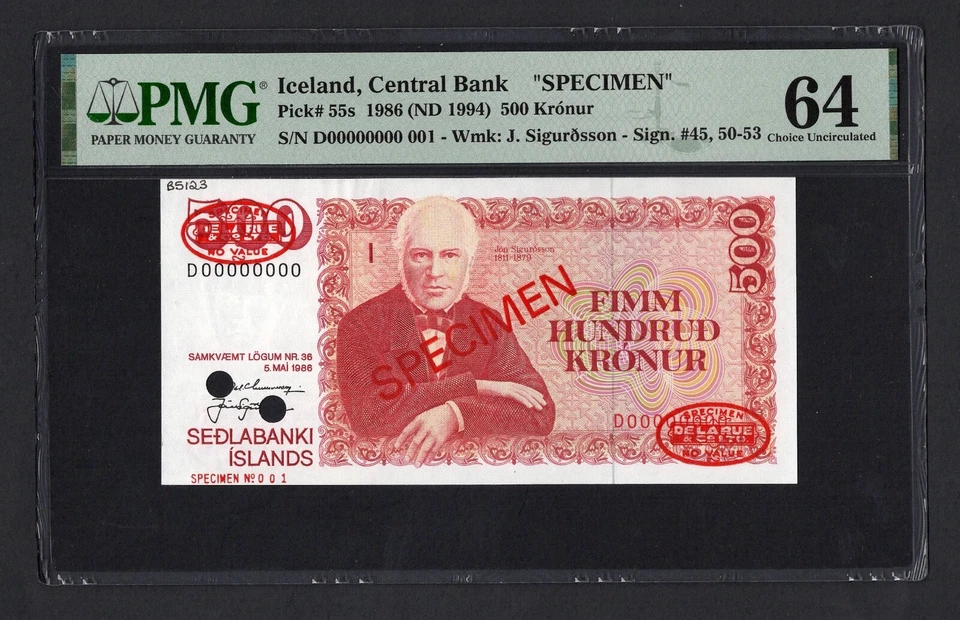 Iceland 500 Kronur 1986 (ND 1994) P55s "Specimen N001" UNC Grade 64 Top Pop - Image 1 of 2