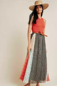 Gonna Anthropologie VERB SINGHEE 8 MARGOT PLISSETTATA maxi perline oro crepe nuova con etichetta - Foto 1 di 5