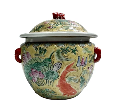 Tarro de olla con tapa de porcelana molida amarilla familiar cangrejo koi chino marca Quinlong Foto 1 de 4