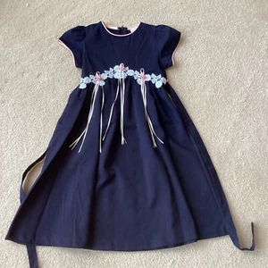 RARE EDITIONS DRESS, 6, DARKEST NAVY, FLORAL TRIM WITH RIBBONS FRONT WAIST, SSLV - Picture 1 of 4