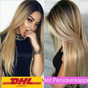 Damen Lang Perücken Ombre Blonde Langhaarperücke gerade wie Echthaar Perücke DE - Bild 1 von 12