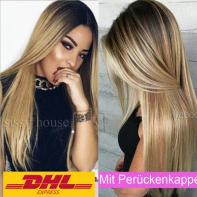 Damen Lang Perücken Ombre Blonde Langhaarperücke gerade wie Echthaar Perücke DE