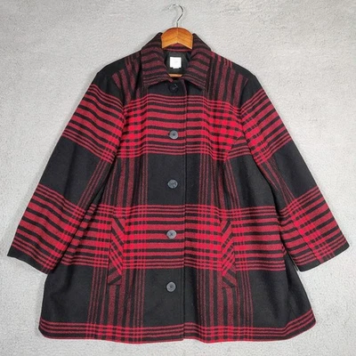 J.Jill Peacoat 女式 XL 小号黑色红色水牛格子羊毛混纺纽扣前襟 — 第 1/4 张图片