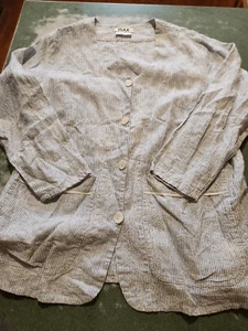 Flax brand linen blue &white striped flower embroidered jacket sz Medium - Picture 1 of 3