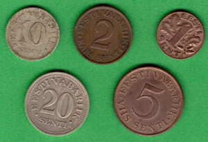 1929-35s. ESTONIA 1, 2, 5, 10 and 20 SENTI LOT OF 5 COINS 2764 - Picture 1 of 2