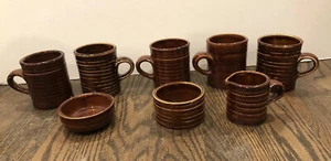Mid century Hall Pottery 5 Mugs Cups 2648 8 Piece Lot Brown Ribbed Glazed 1950’s - Picture 1 of 12