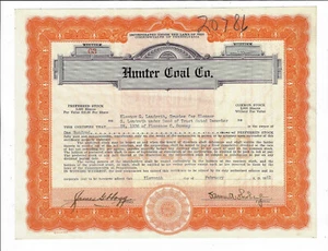 PENNSYLVANIA 1942 Hunter Coal Company Certificato di Stock #63 Antrim - Foto 1 di 2