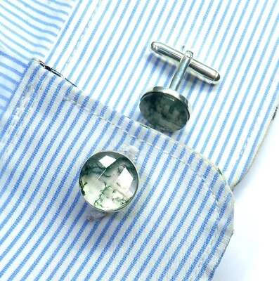 Abotoaduras masculinas de prata esterlina 925 corte quadriculado formato redondo ágata musgo presente - Imagem 1 de 3