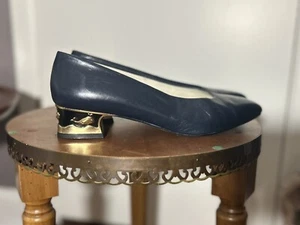 Blue Gold Heels Touch of Nina 8 Womens Vintage Leather Pointed Toe Block Whales - Picture 1 of 8