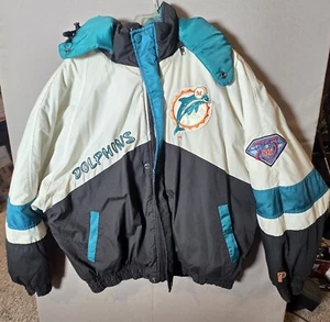Vintage 90s Miami Dolphins Pro Player Puffer Jacket 75th Anniversary Men’s XL - Picture 1 of 9