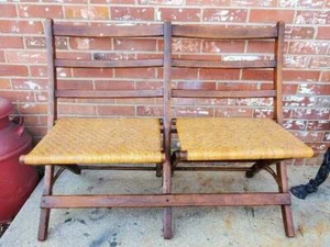 Vintage Double Wooden Folding Chair Oak Woven Wicker Seats #2 - Picture 1 of 13
