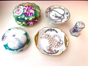 Antique Nippon Porcelain Vanity/Dresser Dishes, 7 Pieces, VGC,Hat Pin Holder - Picture 1 of 19