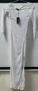 PRETTYLITTLETHING White Glitter Mesh Maxi Dress - size 10 - Picture 1 of 6
