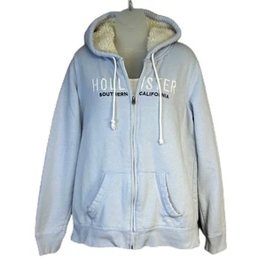 Vtg Hollister Womens Y2k Hoodie Sweatshirt Size L Full Zip Sherpa Spellout Blue - Picture 1 of 8