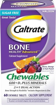 Caltrate Chewables 600 + D3 Plus 矿物质 钙和维生素 D,无糖,雪儿 — 第 1/4 张图片