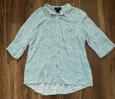 Camisa FDJ para mujer 12 rayas turquesas y blancas con botones manga 3/4 lengüeta enrollable Foto 1 de 4