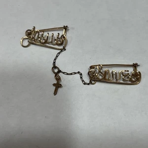 Antique Trench Art Jesus Saves Cross Gold-Filled Wire Brooch Pin - Picture 1 of 5