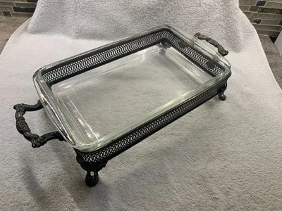 Cazuela de plata calentador de platos buffet Pyrex inserto de vidrio #232 Foto 1 de 2