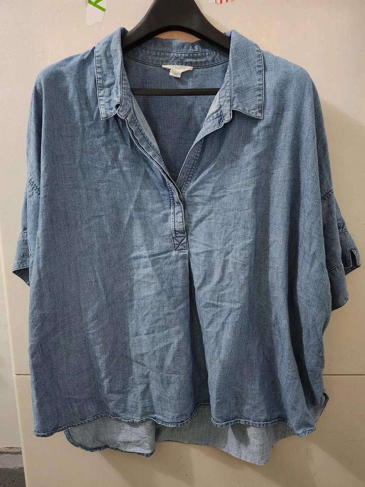 Top Caslon Mujer 3X Azul Plisado Denim Manga Corta Cuello Ancho Cuadrado Mezcla Tencel Foto 1 de 4
