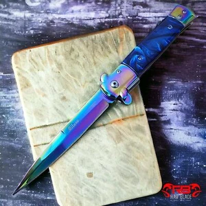 9" Tactical Rainbow Marble Blue Spring Assisted Open Blade Folding Pocket Knife - Picture 1 of 8