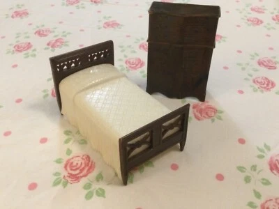Vtg Renwal B81 Plastic Dollhouse  Bed w/ Cream Bedspread and Highboy Dresser - Image 1 of 4