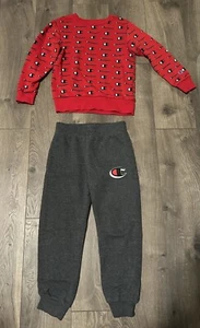 Champion Logo Crew Red Sweatshirt & Grey Sweatpants Outfit Boys Size 6 - Picture 1 of 9