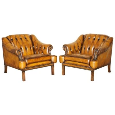 PAREJA RESTAURADA DE SILLONES CLUB DE CUERO MARRÓN ESTILO CHESTERFIELD REGENCY VINTAGE Foto 1 de 4