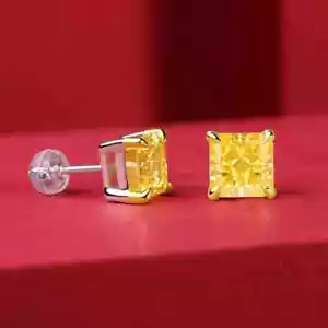 3Ct Asscher Lab Created Canary Diamond Stud Earrings 14K Two Tone Gold Finish - Picture 1 of 4