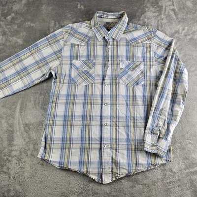 Camisa Azul Ancla Grande Blanca Azul Amarillo Cuadros Perla A Presión Manga Larga Western Foto 1 de 4