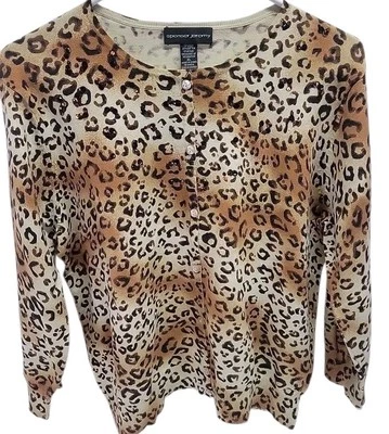 Spenser Jeremy Cheetah Print Silk Blend Crew Neck Button Down Cardigan Size XL - Image 1 of 4