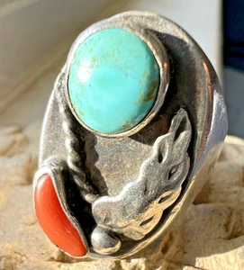 Vintage SOUTHWESTERN TÜRKIS + ROTE KORALLE RING 15 Blatt Größe 9,5 Navajo Herren - Bild 1 von 7