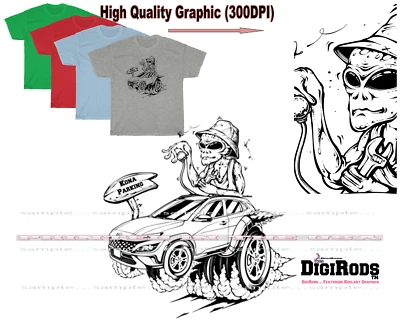 DigiRods Alien ET Space Race Hyundai Kona Hot Rod Parking Cartoon Car T Shirt - Image 1 of 4