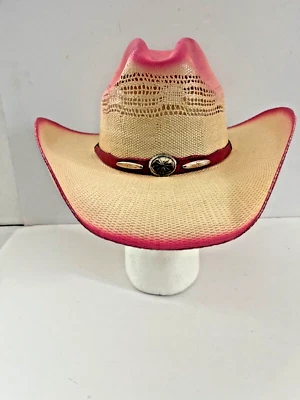 热卖 粉色和白色 Straw Western Cattleman 帽子 带 Conchos 帽带 尺寸 S/M — 第 1/4 张图片