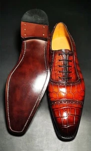 Bespoke Leather Shoes Men's Orange Tan Oxford Crocodile Dress Shoes with belt - Picture 1 of 9