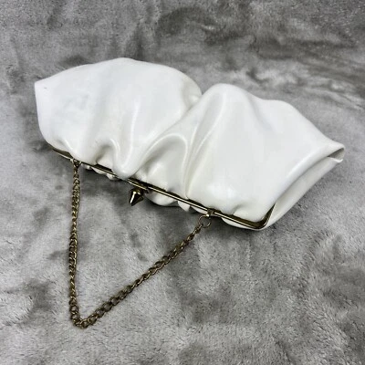 Vintage Clutch Purse Patent Leather White Mid-Century Silver Tone - Image 1 of 4