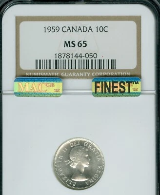 1959 CANADA 10 CENTS NGC MS65 BLAST WHITE MAC FINEST GRADED MAC SPOTLESS  . - Image 1 of 4