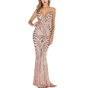 Fitted Flowing Mermaid Silhouette Rose Gold Sequin Glitter Backless Maxi Dress M - Picture 1 of 10