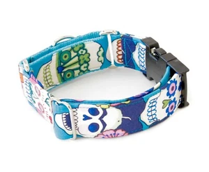 Frida Blue Sugar Skulls Dog Collar Buckle and Martingale 1.5 and 2 inch width - Picture 1 of 12