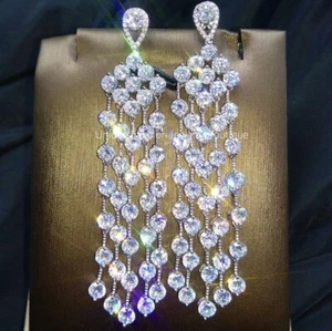 18k White Gold Filled Long Chandelier Earrings made w Swarovski Crystal Stone - Picture 1 of 11