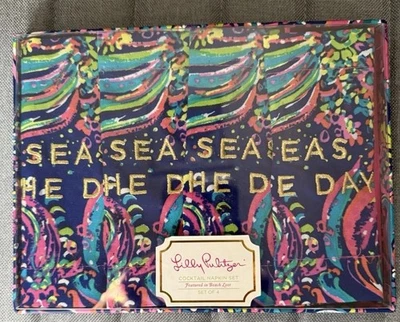 Набор коктейльных салфеток Lilly Pulitzer (4) пляжный дизайн SEAS THE DAY вышитый новый - Изображение 1 из 2