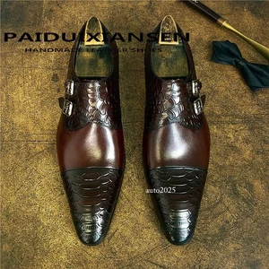 British Mens Pointed Toe Real Leather Buckle Formal Dress Monk Strap Shoes Party - Picture 1 of 22