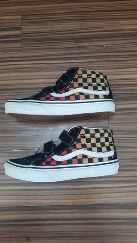 Midtop Vans bambino bambini a scacchi Hotrod fiamma logo ripetizione taglia 2 5 UK 33 euro